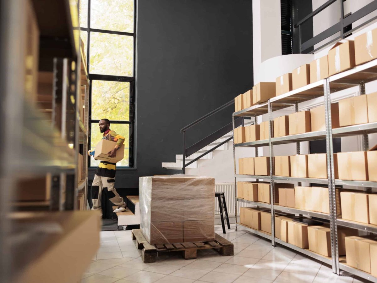 Storage room worker carrying cardboard box on stairs during warehouse inventory, preparing customers orders. Small business manager working with merchandise products in storehouse. Retail concept